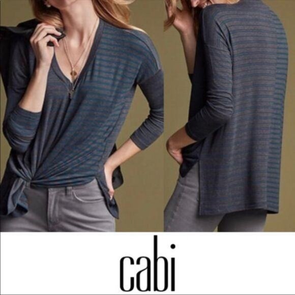 Cabi XS Striped Gray Blue Tee Hybrid Azure Top Long Sleeve V Neck Blouse 3687 - Picture 1 of 10